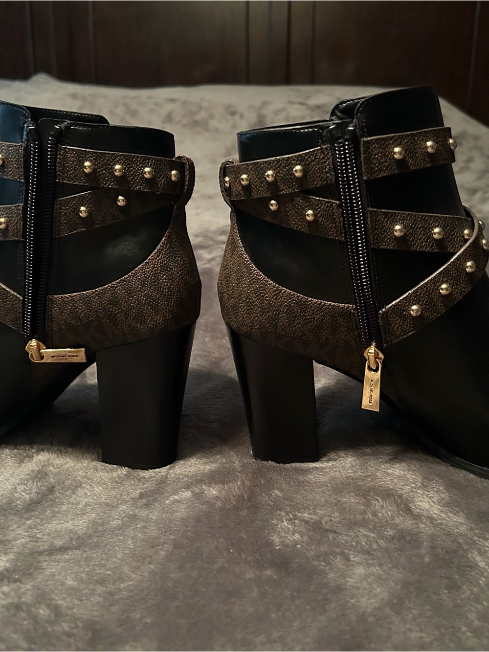 Michael Kors Black Leather Ankle Booties with MK Studded Straps - Picture 3 of 4